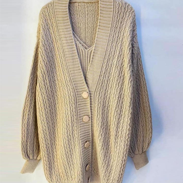 2024 Fashion Women Ropa Long Sleeve Button-Down V-Neck Dress Halter Sweater 2 Pieces Clothing Sets Manufacturing Services Chain