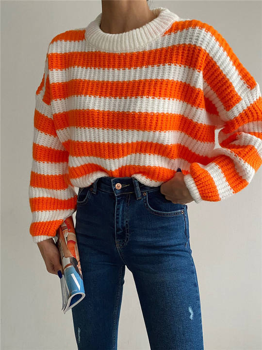 2024 Hot Casual Crewneck Loose Striped Sweater Women Contrast Long-Sleeved Thick Knit Top Lady Pullover Wholesale Factory