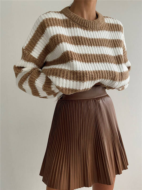 2024 Hot Casual Crewneck Loose Striped Sweater Women Contrast Long-Sleeved Thick Knit Top Lady Pullover Wholesale Factory
