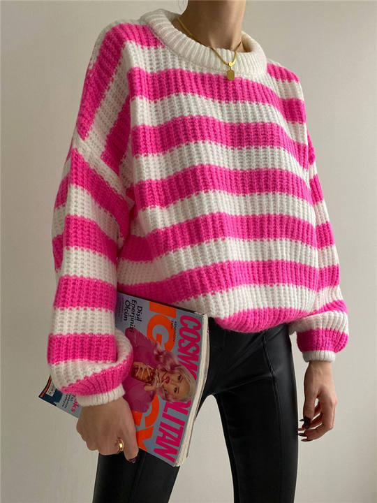 2024 Hot Casual Crewneck Loose Striped Sweater Women Contrast Long-Sleeved Thick Knit Top Lady Pullover Wholesale Factory