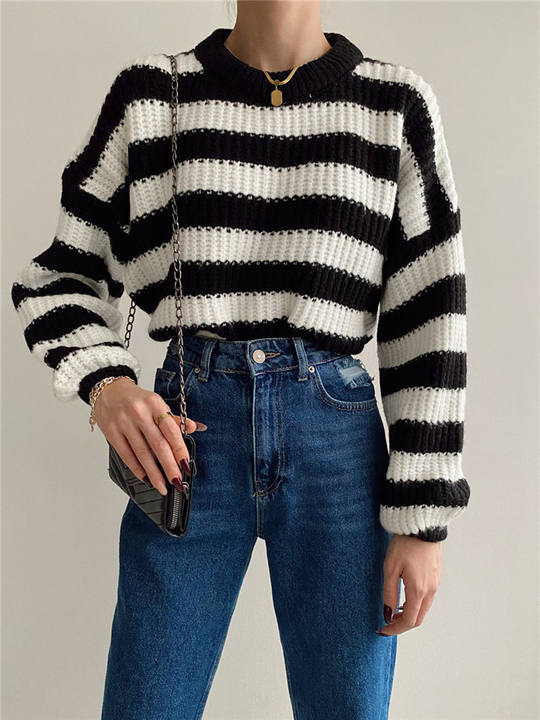2024 Hot Casual Crewneck Loose Striped Sweater Women Contrast Long-Sleeved Thick Knit Top Lady Pullover Wholesale Factory