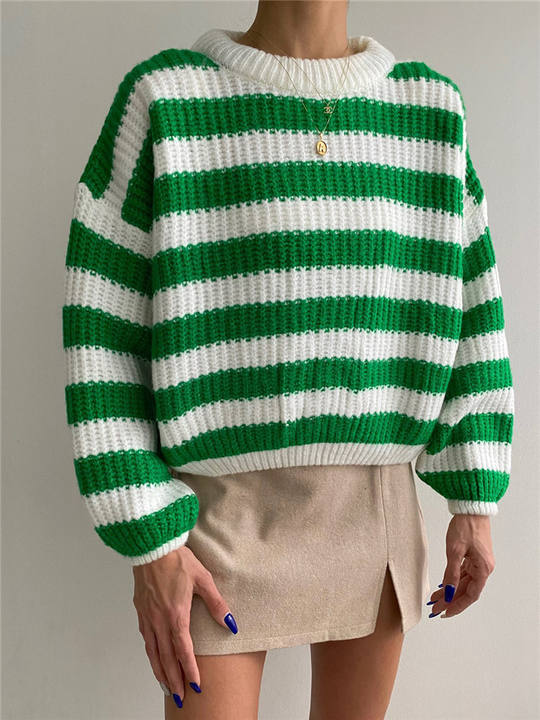 2024 Hot Casual Crewneck Loose Striped Sweater Women Contrast Long-Sleeved Thick Knit Top Lady Pullover Wholesale Factory