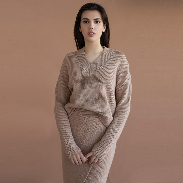 2024 Hot Selling Winter New Women V-Neck Solid Color Pullover Knitted Skirt Sweater 2 Pieces Sets Quality Manufacturing