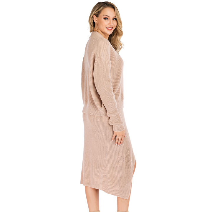 2024 Hot Selling Winter New Women V-Neck Solid Color Pullover Knitted Skirt Sweater 2 Pieces Sets Quality Manufacturing