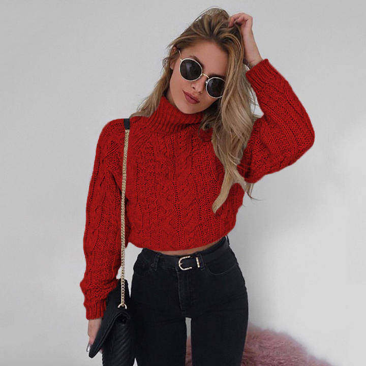 2024 Hot Selling Winter Solid Color Turtleneck Lady Knit Cropped Short Women Sweater Pullovers Clothing China Bulk Supplier Customization