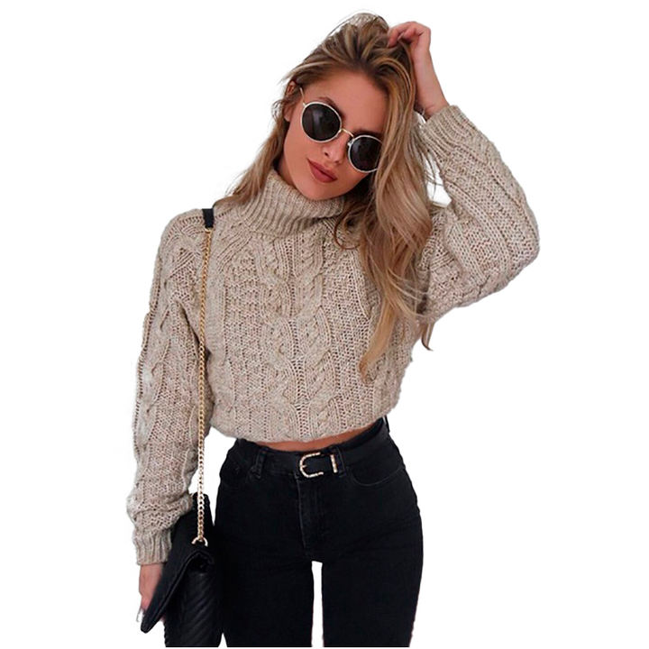 2024 Hot Selling Winter Solid Color Turtleneck Lady Knit Cropped Short Women Sweater Pullovers Clothing China Bulk Supplier Customization
