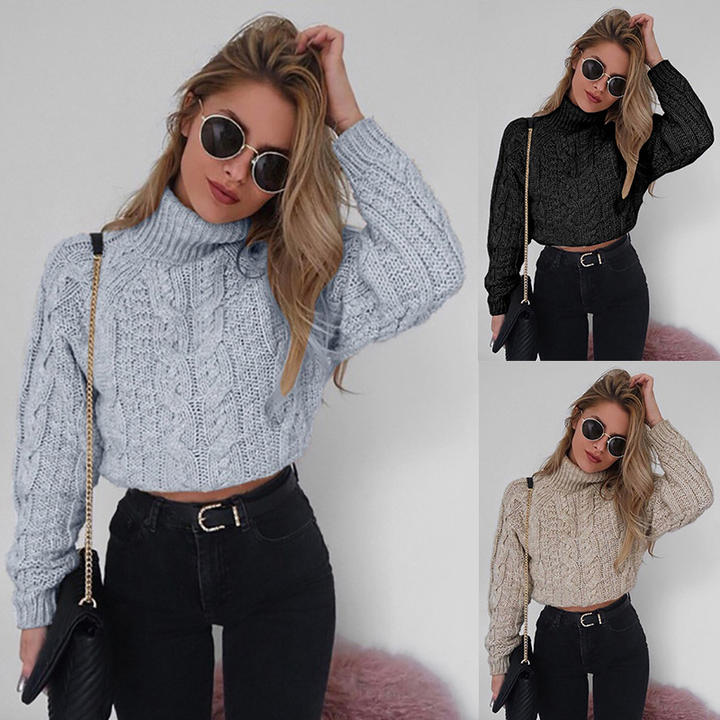 2024 Hot Selling Winter Solid Color Turtleneck Lady Knit Cropped Short Women Sweater Pullovers Clothing China Bulk Supplier Customization