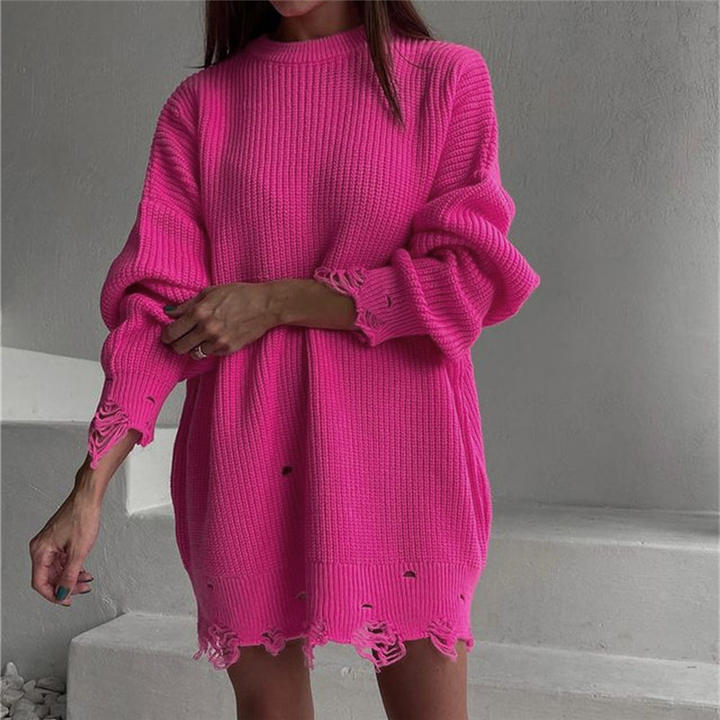 2024 Ins Hot Long Design Loose Solid Color Ripped Women Sweater Round Neck Pullover Lady Knit Wear Low-Cost Manufacturing Efficiency