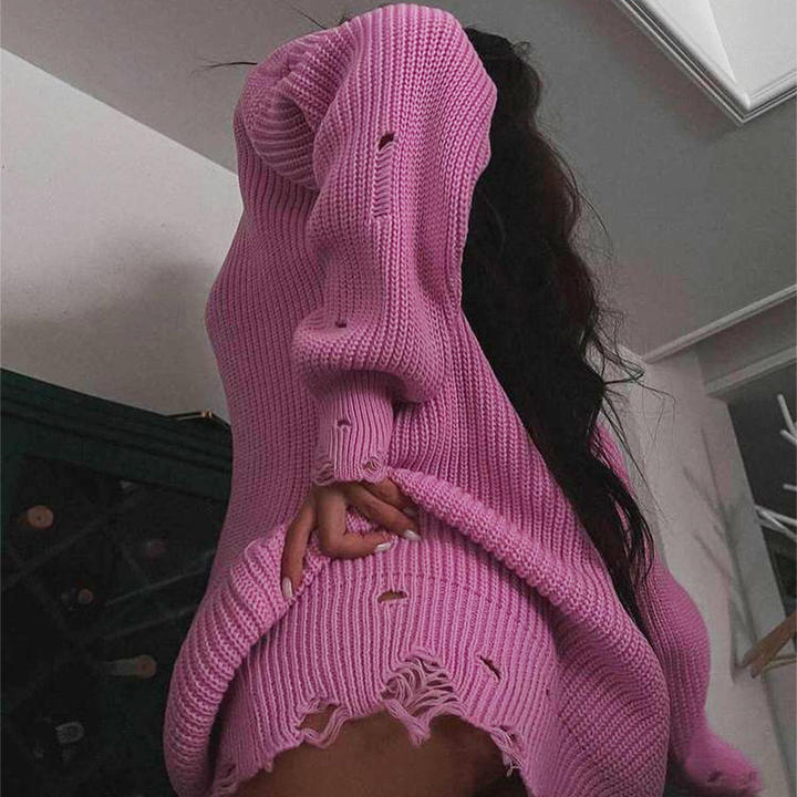 2024 Ins Hot Long Design Loose Solid Color Ripped Women Sweater Round Neck Pullover Lady Knit Wear Low-Cost Manufacturing Efficiency
