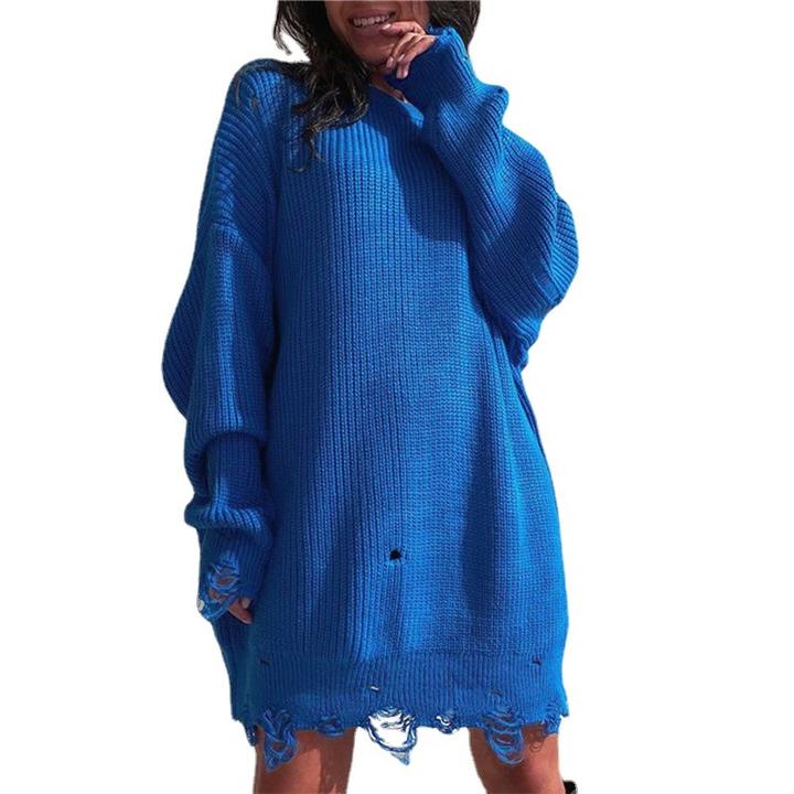 2024 Ins Hot Long Design Loose Solid Color Ripped Women Sweater Round Neck Pullover Lady Knit Wear Low-Cost Manufacturing Efficiency