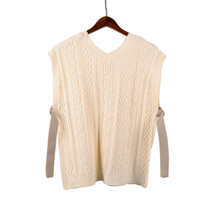 2024 New Custom Knit Sweater Drawstring Buckle Design Winter Lady Knitted Clothing Women Vest Large-Scale Manufacturing