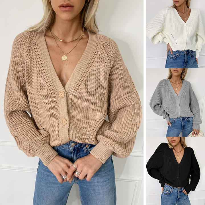 2024 New Deep V-Neck Drop Shoulder Long Sleeve Cardigan Knitwear Lady Sweater For Women Clothing