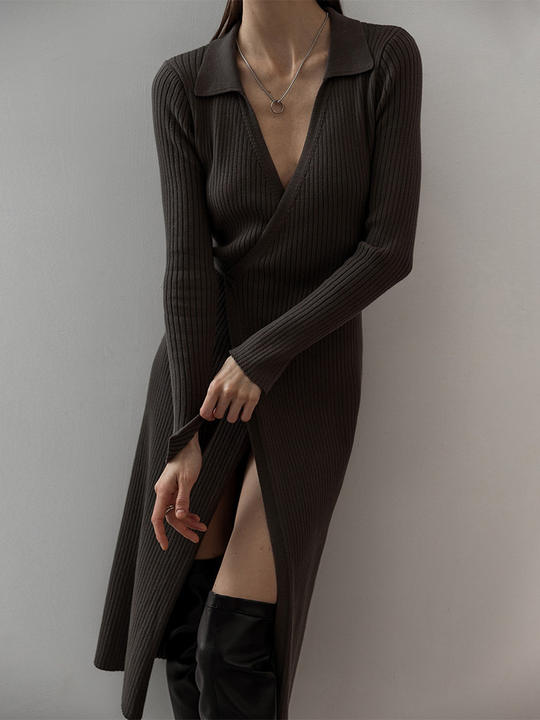 2024 New Design Knitted Women Threaded Knit Skirt Mid-Length Polo Neck Sexy Skinny Sweater Dress Clothing Manufacturing and Export B2B