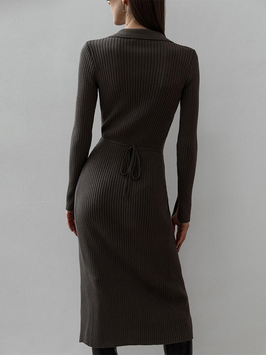 2024 New Design Knitted Women Threaded Knit Skirt Mid-Length Polo Neck Sexy Skinny Sweater Dress Clothing Manufacturing and Export B2B