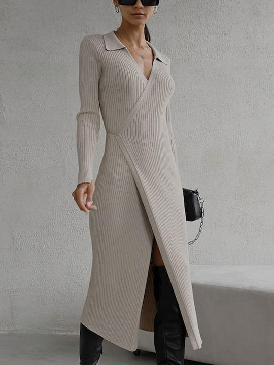 2024 New Design Knitted Women Threaded Knit Skirt Mid-Length Polo Neck Sexy Skinny Sweater Dress Clothing Manufacturing and Export B2B