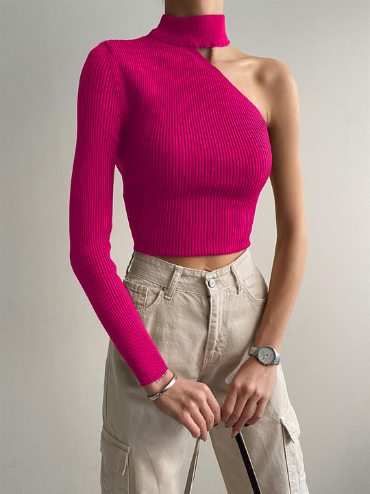 2024 New Design Skinny Sexy Shoulder Knit Top Women's Wool Solid Color Undershirt Bodycon Sweater Clothing Custom Factory Production