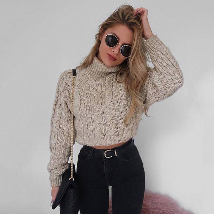 2024 New Design Soft Winter Warm Cable Knit Cropped High Neck Long Sleeve Sweater For Women Pullover Rapid Production Solutions Wholesale