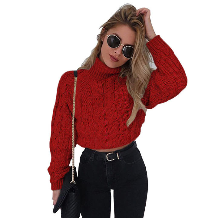 2024 New Design Soft Winter Warm Cable Knit Cropped High Neck Long Sleeve Sweater For Women Pullover Rapid Production Solutions Wholesale