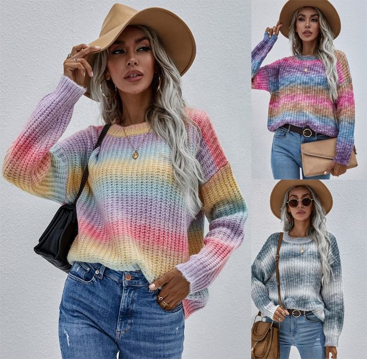 2024 New Designer Colorful Winter Pullover Stripe Round Neck Jersey Loose Large Rainbow Women Sweater Discount Wholesale Production