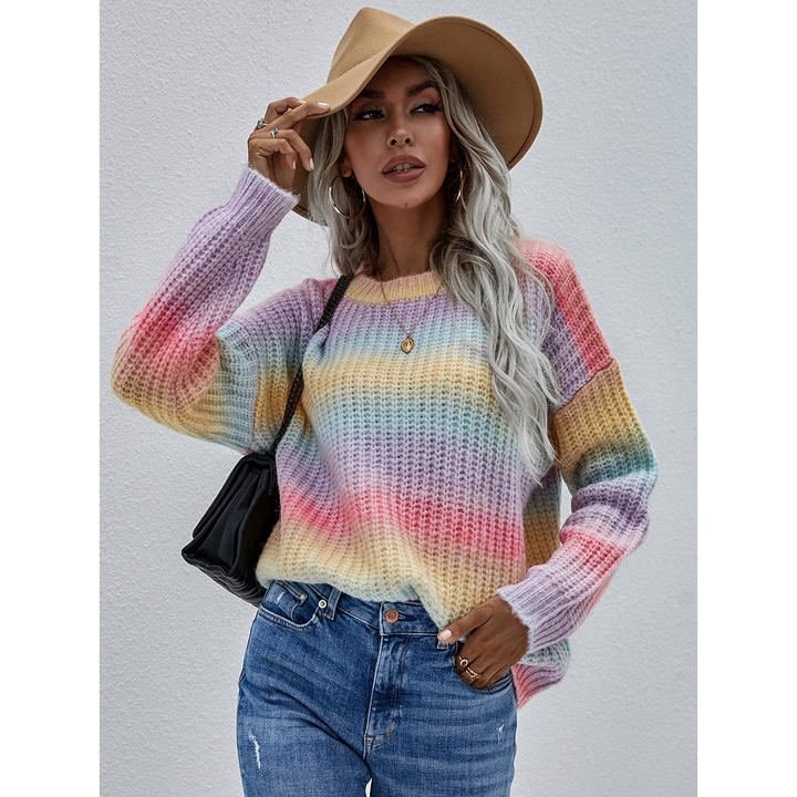 2024 New Designer Colorful Winter Pullover Stripe Round Neck Jersey Loose Large Rainbow Women Sweater Discount Wholesale Production