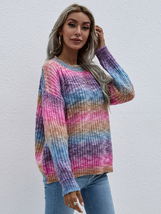 2024 New Designer Colorful Winter Pullover Stripe Round Neck Jersey Loose Large Rainbow Women Sweater Discount Wholesale Production