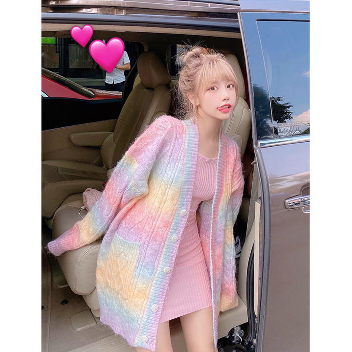 2024 New Spring Autumn Rainbow Cute Wear Women Girls Woolen Loose Wool Cardigan Soft Waxy Sweater Custom Factory Production Trade