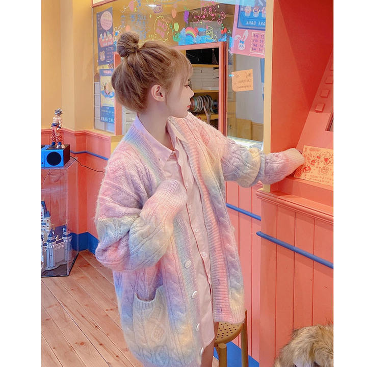 2024 New Spring Autumn Rainbow Cute Wear Women Girls Woolen Loose Wool Cardigan Soft Waxy Sweater Custom Factory Production Trade