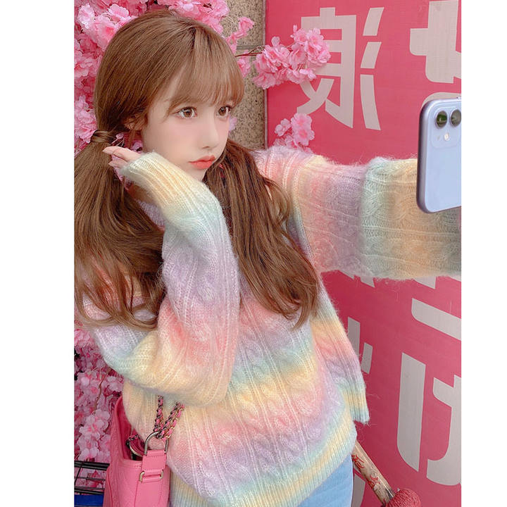 2024 New Spring Autumn Rainbow Cute Wear Women Girls Woolen Loose Wool Cardigan Soft Waxy Sweater Custom Factory Production Trade
