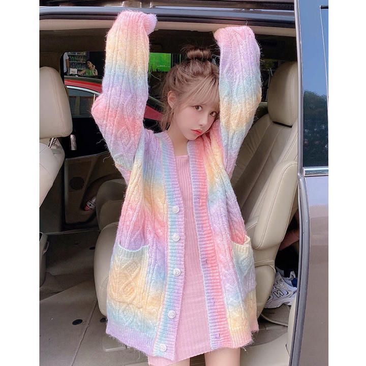 2024 New Spring Autumn Rainbow Cute Wear Women Girls Woolen Loose Wool Cardigan Soft Waxy Sweater Custom Factory Production Trade