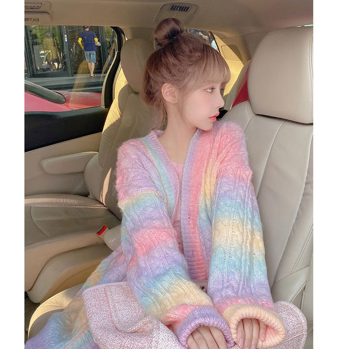 2024 New Spring Autumn Rainbow Cute Wear Women Girls Woolen Loose Wool Cardigan Soft Waxy Sweater Custom Factory Production Trade