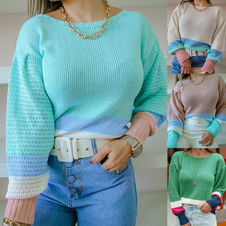 2024 New Spring Cute Women's Elegant Horn Sleeve Solid Color Contrast Lady Knit Sweater Clothing Wholesale Bulk Supply