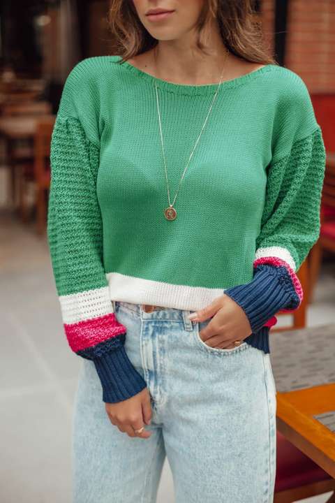 2024 New Spring Cute Women's Elegant Horn Sleeve Solid Color Contrast Lady Knit Sweater Clothing Wholesale Bulk Supply