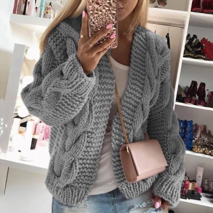 2024 New Style Custom Women Winter Female Rough Thread Twist Knitted Cardigan Sweater Clothing Mass Wholesale Custom Solutions