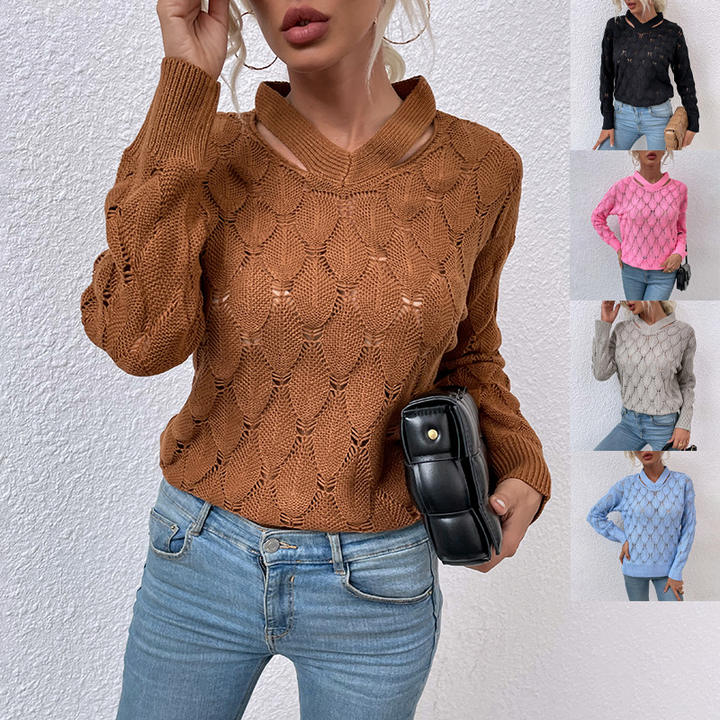 2024 New Trendy Knit V-Neck Off-Shoulder Floral Sweater Hollow Women's Autumn Winter Tops Lady Clothing Global Wholesale Market Operations