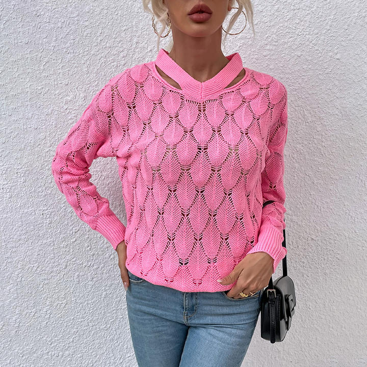 2024 New Trendy Knit V-Neck Off-Shoulder Floral Sweater Hollow Women's Autumn Winter Tops Lady Clothing Global Wholesale Market Operations