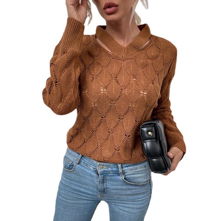 2024 New Trendy Knit V-Neck Off-Shoulder Floral Sweater Hollow Women's Autumn Winter Tops Lady Clothing Global Wholesale Market Operations