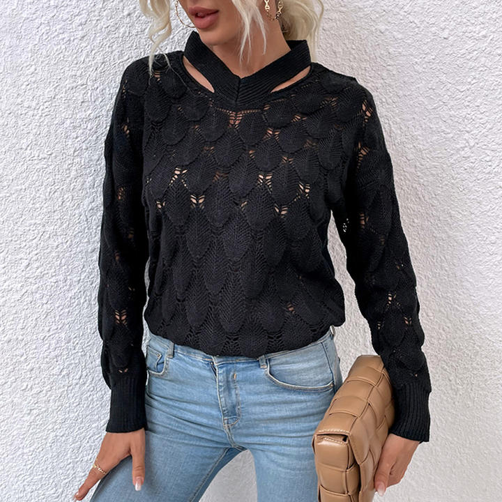 2024 New Trendy Knit V-Neck Off-Shoulder Floral Sweater Hollow Women's Autumn Winter Tops Lady Clothing Global Wholesale Market Operations