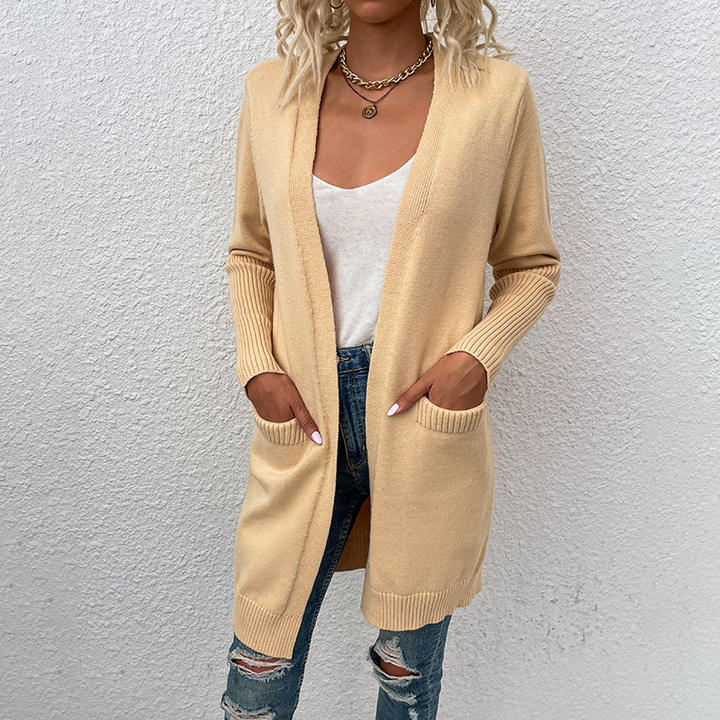 2024 Spring Casual Design Sweater Women Solid-Color Pocket Knitted Cardigan Jacket Lady Clothing Factory-Owned Wholesale