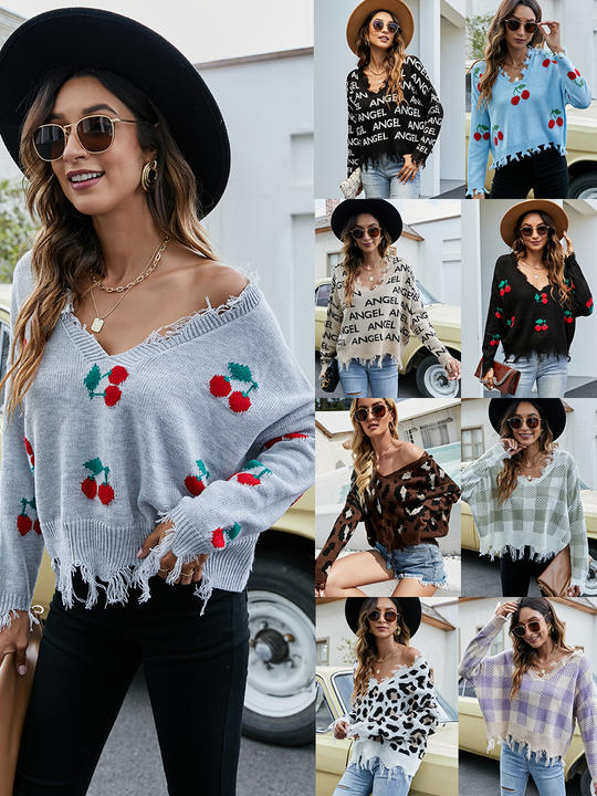 2024 Spring Casual Loose Long Sleeve V-Neck Women's New Tassel Sweater Knitted Lady Clothing Pullover