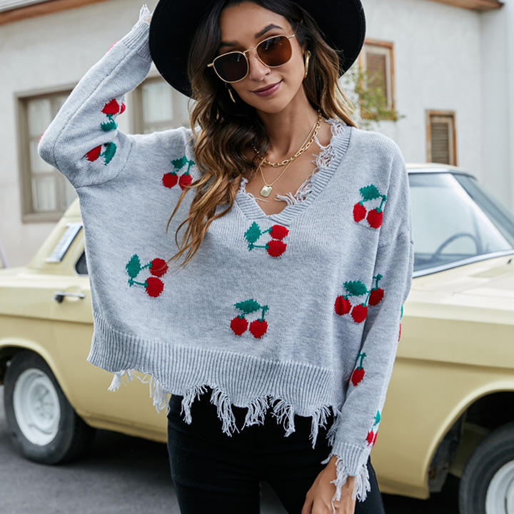 2024 Spring Casual Loose Long Sleeve V-Neck Women's New Tassel Sweater Knitted Lady Clothing Pullover