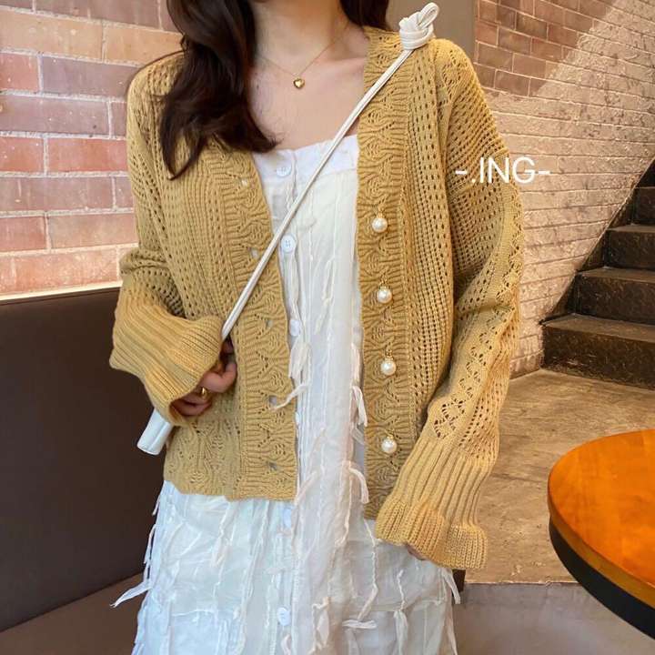 2024 Spring New Casual Vintage Hollow-Out Languid Lazy Wind Women Sweater Crocheted V-Neck Cardigan