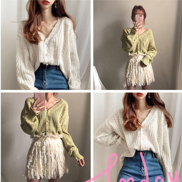 2024 Spring New Casual Vintage Hollow-Out Languid Lazy Wind Women Sweater Crocheted V-Neck Cardigan