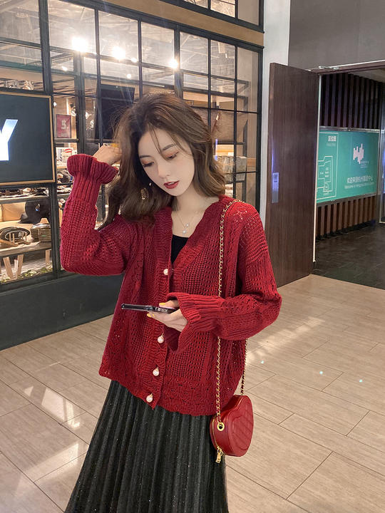 2024 Spring New Casual Vintage Hollow-Out Languid Lazy Wind Women Sweater Crocheted V-Neck Cardigan