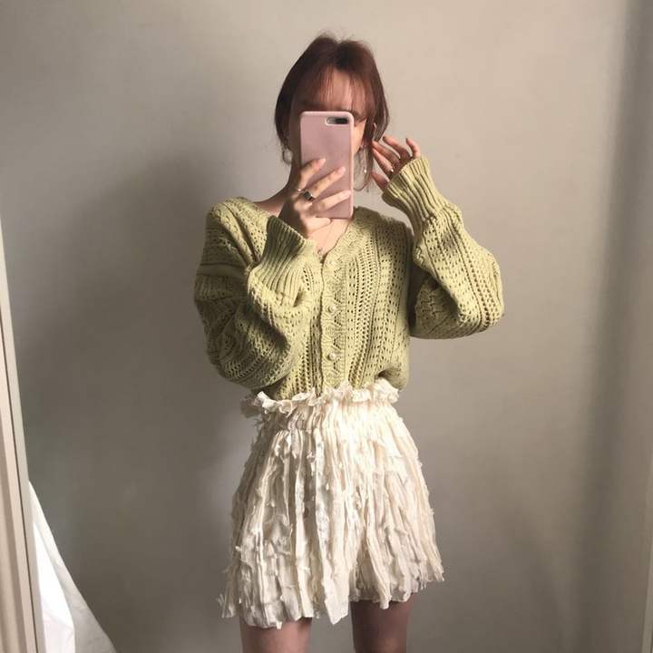 2024 Spring New Casual Vintage Hollow-Out Languid Lazy Wind Women Sweater Crocheted V-Neck Cardigan