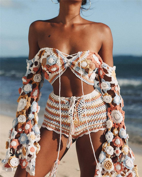 2024 Summer Seaside Vacation Sexy Beach Blouse Hand Hook Hollow-Out Halter Top Suit Bikini Sweater Mass Wholesale