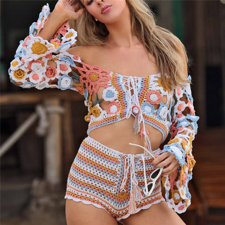 2024 Summer Seaside Vacation Sexy Beach Blouse Hand Hook Hollow-Out Halter Top Suit Bikini Sweater Mass Wholesale