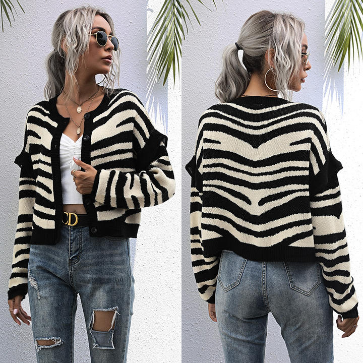 2024 Wholesale Manufactory Casual Design Foreign Trade Zebra Pattern Cardigan Knit Sweater Short Woman Clothing Quality Manufacturing Direct