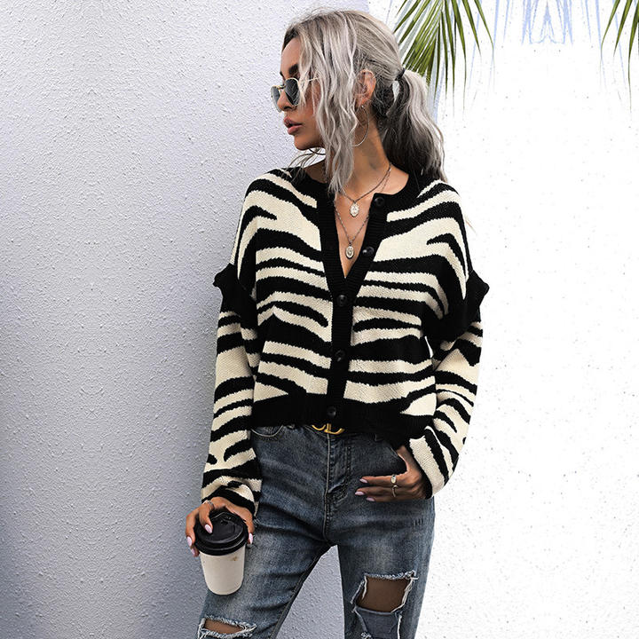 2024 Wholesale Manufactory Casual Design Foreign Trade Zebra Pattern Cardigan Knit Sweater Short Woman Clothing Quality Manufacturing Direct