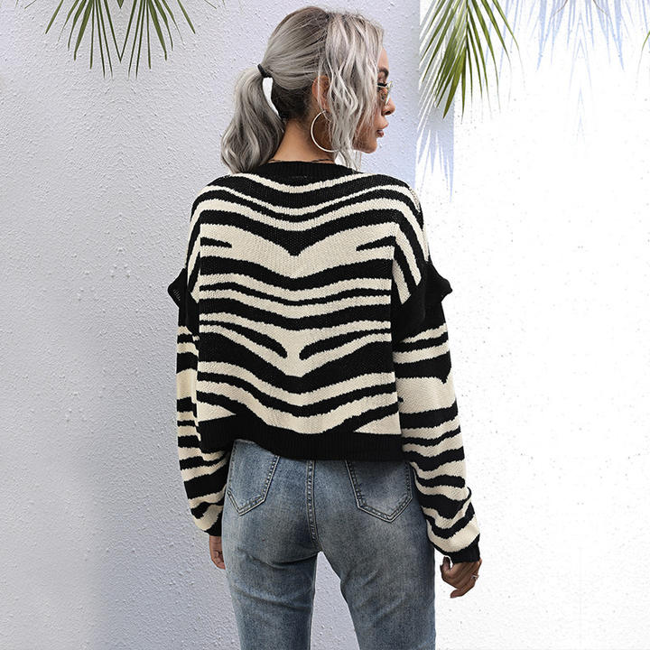 2024 Wholesale Manufactory Casual Design Foreign Trade Zebra Pattern Cardigan Knit Sweater Short Woman Clothing Quality Manufacturing Direct