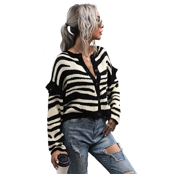 2024 Wholesale Manufactory Casual Design Foreign Trade Zebra Pattern Cardigan Knit Sweater Short Woman Clothing Quality Manufacturing Direct